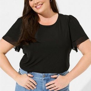 TORRID stretch mesh and stretch challis crew neck double flutter sleeve top